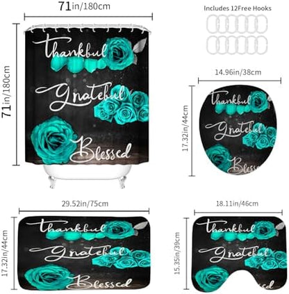 Onalasyc 4Pcs Green Rose Floral Shower Curtain with Rugs Set