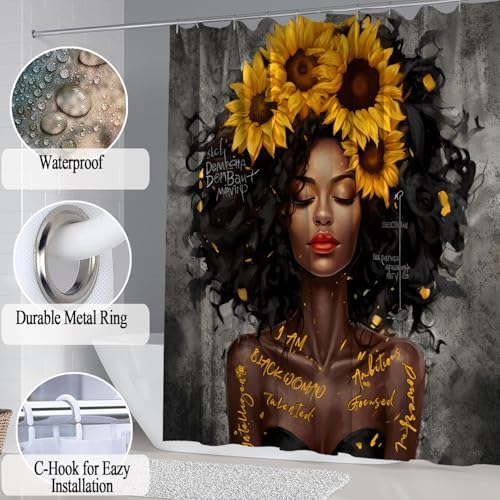 4PCS Shower Curtain Set with Waterproof Shower Curtain Non-Slip Bath Mat Rug and Toilet Lid Cover, Inspirational Quote Africa American Black Queen Fathers Day Bathroom Decor Set