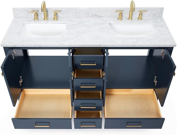 ARIEL Cambridge 60-inch Bathroom Vanity with Sink,Solid Wood, 0.75-inch Italian Carrara Marble Countertop, Double Rectangular Porcelain Sink, 4 Soft Closing Doors, 6 Dovetail Drawers, Midnight Blue