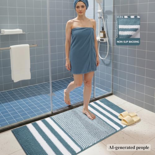 BSICPRO Bathroom Rugs Sets 2 Piece, Non Slip Striped Bath Mats, Denim Blue