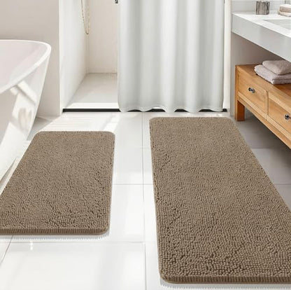 OLANLY Chenille Bathroom Rugs Mats Sets 2 Piece, 59"x20"+30"x20", Tan