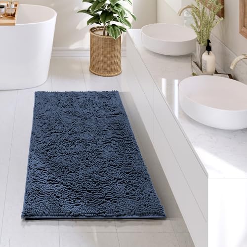 Hearth & Harbor Bathroom Rugs, Chenille Bath Mat - Machine Washable Bath Mats for Bathroom Non-Slip Backing Rubber, Quick Dry Mat - 24x36 - Blue