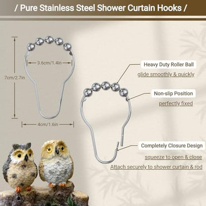 12Pcs Owl Shower Curtain Hooks Decorative for Curtain Rods, Cute Animals Shower Curtain Rings, Silver Stainless Steel Metal Shower Curtain Hanger Hooks, Kids Whimsical Bathroom Decor Accessories