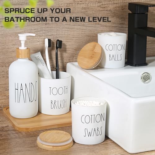 White Bathroom Accessories, 5 Pcs Glass Bathroom Accessory Set with Bamboo Tray, Soap Dispenser and Toothbrush Holder Set, Qtip and Cotton Ball Holder, Farmhouse Boho Bathroom Set Complete