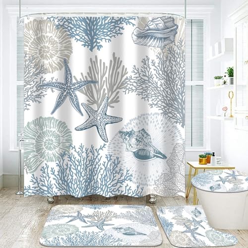 Nkzply 4 Pcs Beach Shower Curtain Set Blue Starfish Bathroom Sets with Shower Curtain and Rugs Ocean Seashell Coral Bathroom Decor Accessories Nautical Bathroom Rug Set Toilet Lid Cover 12 Hooks