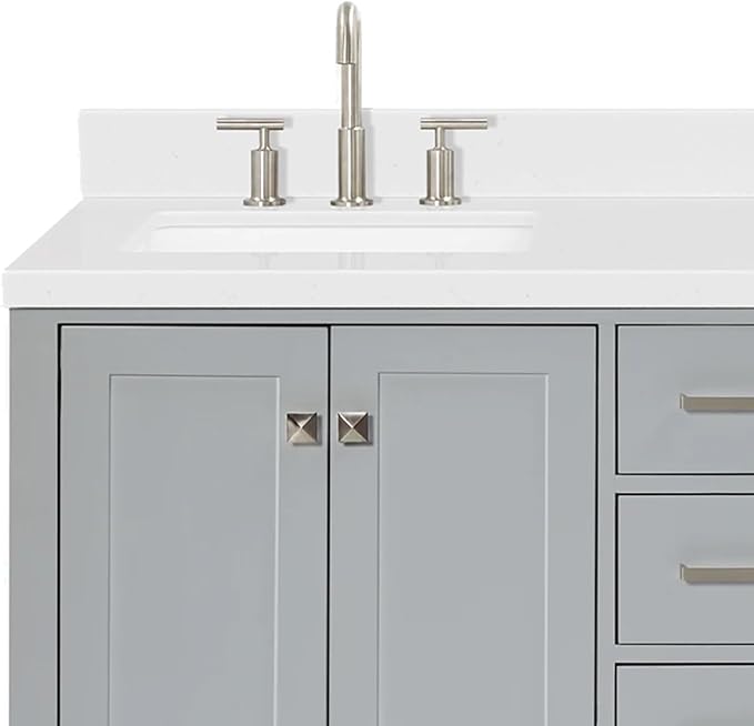ARIEL Cambridge 60-inch Bathroom Vanity with Sink,Solid Wood, 1.5-inch Carrara White Quartz Countertop, Double Rectangular Porcelain Sink, 4 Soft Closing Doors, 6 Dovetail Drawers, Grey