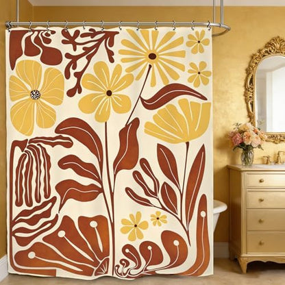 Matisse Flower Terracotta Shower Curtain 60Wx72L Inch Abstract Retro Aesthetic Minimalist Vintage Art 70s Brown Yellow Bathroom Set Accessories Decor with 12 Pack Hooks