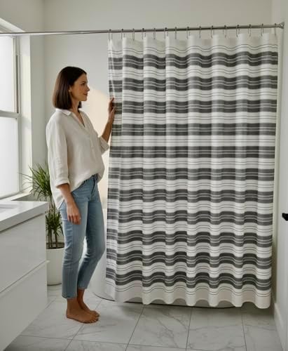 Serafina Home Black & White Striped Cotton Bathroom Shower Curtain, 70x72