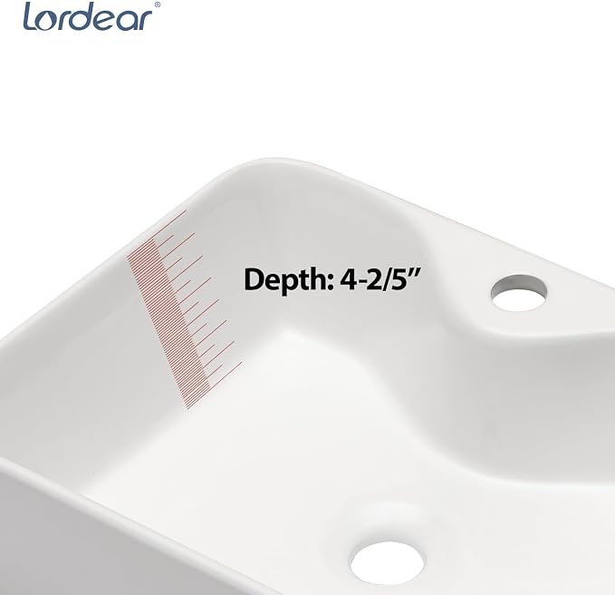 Lordear Bathroom Vessel Sink 19"x15" Rectangle Sink Above Counter White Porcelain Ceramic Modern Vanity Sinks Art Basin with Faucet Hole Black Faucet and Black Pop-Up Drain for Bathroom