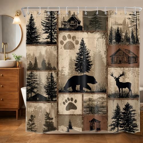 Rustic Cabin Lodge Bear Shower Curtain, Brown Forest, 72x72 inch