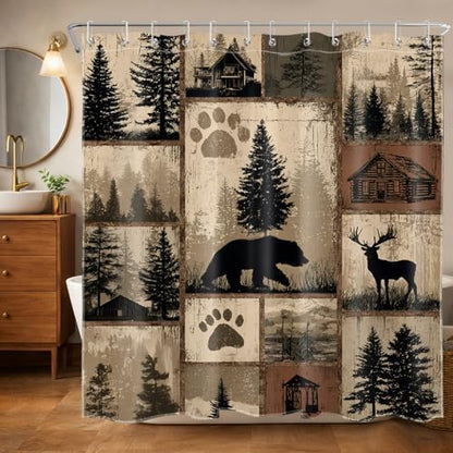 Rustic Cabin Lodge Bear Shower Curtain, Brown Forest, 72x72 inch