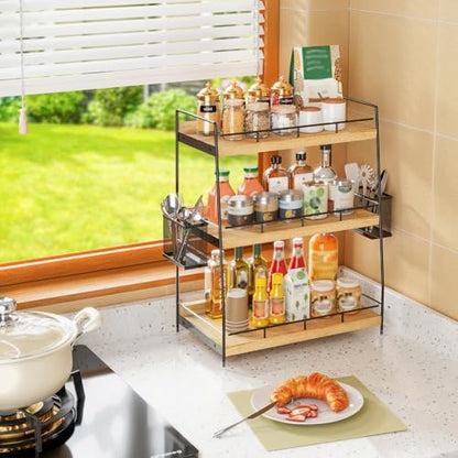 Wood 3 Tier Bathroom Counter Organizer with Side Baskets Fits Tall Bottles