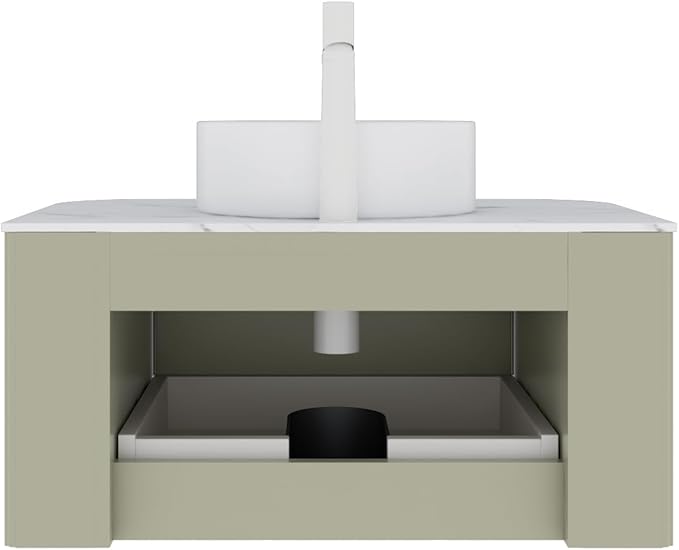 30'' Floating Vanity with Sink Combo, Modern Wall-Mounted Curved Edges Striped Bathroom Storage Cabinet with Soft-Close Drawer and White Artificial Marble Basin, Light Green