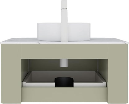 30'' Floating Vanity with Sink Combo, Modern Wall-Mounted Curved Edges Striped Bathroom Storage Cabinet with Soft-Close Drawer and White Artificial Marble Basin, Light Green