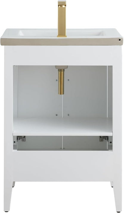 Vanity Art 24 inch Bathroom Vanity with Single Sink & Ceramic Top, Vanity Cabinet with Soft-Closing Doors, Solid Wood Frame, White, VA9024-W-GB1
