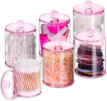 6 Pcs Acrylic Qtip Holder, Cotton Ball Holder Jars with Lids, Pink