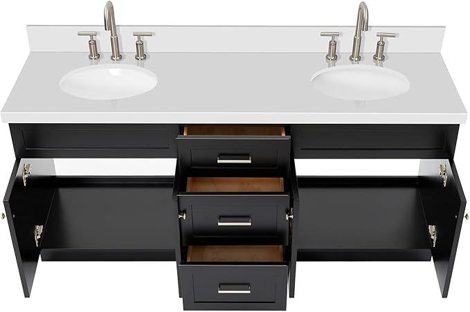 ARIEL Hamlet 72-inch Bathroom Vanity with Sink,Solid Wood, 1.5-inch Pure White Quartz Countertop & Backsplash, Double Oval Porcelain Sink, 4 Soft Closing Doors, 3 Dovetail Drawers, Black