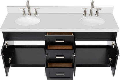 ARIEL Hamlet 72-inch Bathroom Vanity with Sink,Solid Wood, 1.5-inch Pure White Quartz Countertop & Backsplash, Double Oval Porcelain Sink, 4 Soft Closing Doors, 3 Dovetail Drawers, Black