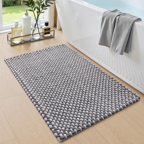 DEXI Chenille Bath Mat 24x16, Soft Absorbent Bathroom Rugs, Grey and White