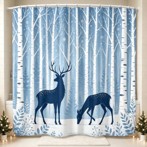 Deer Birch Tree Shower Curtain Winter Woodland Forest Bath Curtain 72x84in