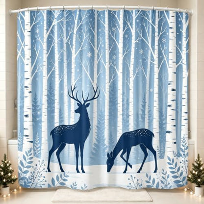 Deer Birch Tree Shower Curtain Winter Woodland Forest Bath Curtain 72x84in