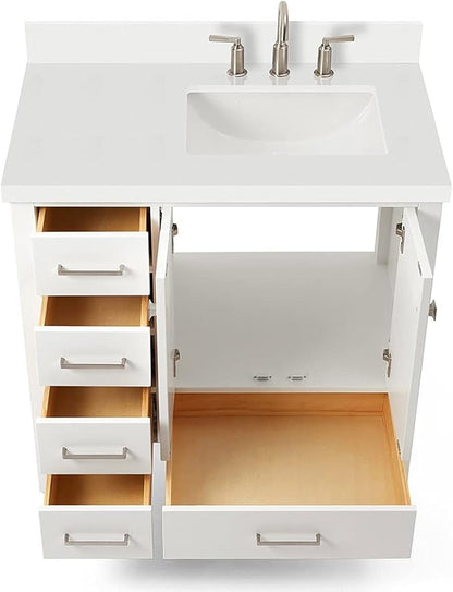 ARIEL Cambridge 36-inch Bathroom Vanity with Sink,Solid Wood, 1.5-inch Pure White Quartz Countertop & Backsplash, Single Rectangular Porcelain Sink, 2 Soft Closing Doors, 5 Dovetail Drawers, White
