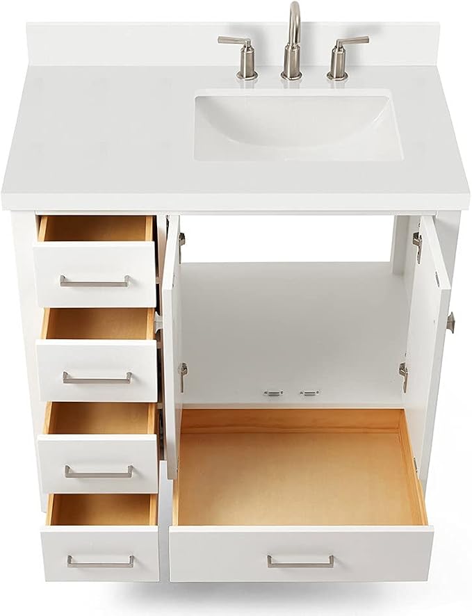 ARIEL Cambridge 36-inch Bathroom Vanity with Sink,Solid Wood, 1.5-inch Pure White Quartz Countertop & Backsplash, Single Rectangular Porcelain Sink, 2 Soft Closing Doors, 5 Dovetail Drawers, White