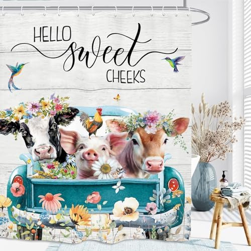 Funny Farmhouse Rustic Animal Shower Curtain 60Wx72L Inch Cow Pig Farm Teal Truck Flower Country Western Bathroom Set Accessories Decor with 12 Pack Hooks