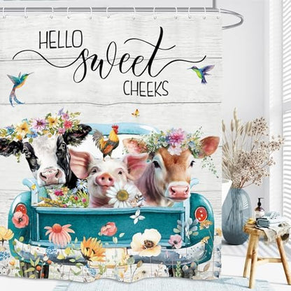 Funny Farmhouse Rustic Animal Shower Curtain 60Wx72L Inch Cow Pig Farm Teal Truck Flower Country Western Bathroom Set Accessories Decor with 12 Pack Hooks