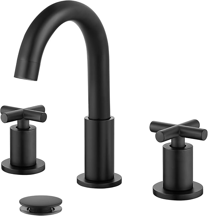 gotonovo 3 Hole Bathroom Faucet 8 inch Widespread Sink Vanity Faucet for Bathroom Sink 2 Cross Handle Deck Mount Basin with Pop Up Drain 360° Swivel Spout Matte Black