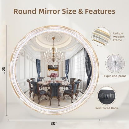 30 Inch Round Wood Mirror, Rustic Farmhouse Wall Mirrors for Bathroom