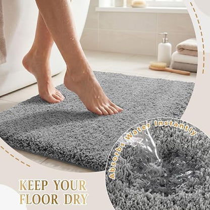 Yimobra Fluffy Plush Bath Rug, Super Shaggy Soft Comfortable Non Slip, Water Absorbent Microfiber Bath Mat, Dries Quickly, Machine Washable Thick Bathroom Rugs for Shower, 60" X 24", Pure Gray