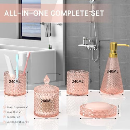 Pink Glass Bathroom Accessories Set 5 Pcs, Pink Bathroom Set, Soap Dispenser and Toothbrush Holder Set, Qtip Holder Set, Vintage Bathroom Sink Set, Cute Bathroom Decor