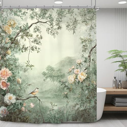 Vintage Flower Birds Shower Curtain 60Wx72L Inch Botanical Blossom Peony Cottagecore Green Leaves Scenery Bathroom Set Accessories Decor with 12 Pack Hooks
