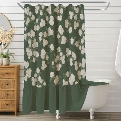 ORTIGIA Linen Textured Ruffle Shower Curtain with Metal Hooks, Vintage Dark Green Hydrangea Floral Boho Waterproof Bath Curtain for Rustic Farmhouse Bathroom Decor 72x72 Inch