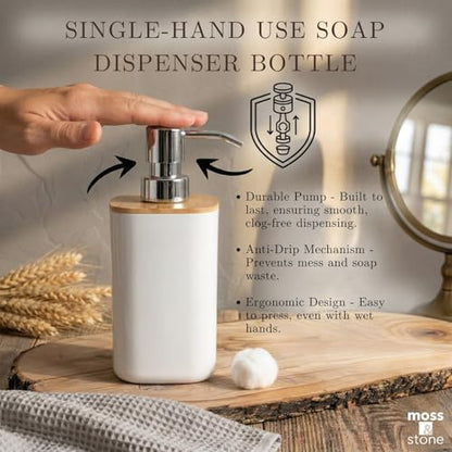 Moss & Stone 6-Pcs White & Bamboo Bathroom Accessories Set, Soap Dispenser