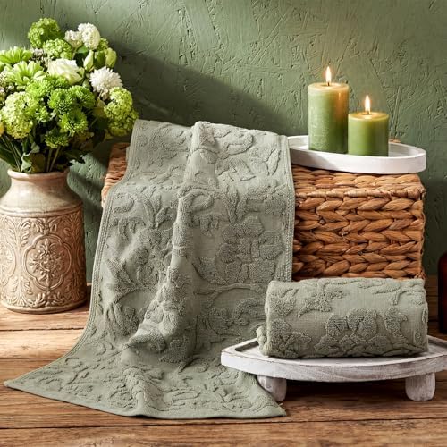SmoothNovelty 2 Pcs Olive Green Floral Jacquard Hand Towels for Bathroom