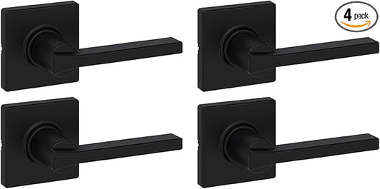 Kwikset Casey Interior Passage Door Handle 4 Pack, Lever for Closet and Hallway Doors, Reversible Non-Locking Handle Lever, Matte Black, with Microban Protection