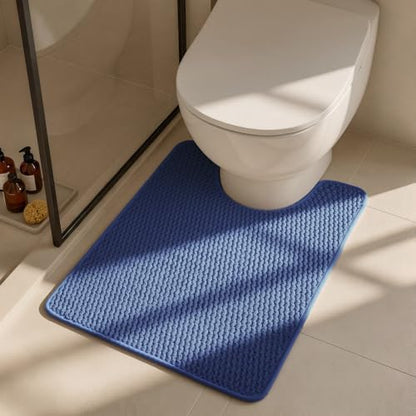 Triohero Toilet Rug, Thin Toilet Rugs U Shaped Washable Non Slip Absorbent Quick Dry Low Pile Toilet Mat, Denim Blue 20"x24" U Shape