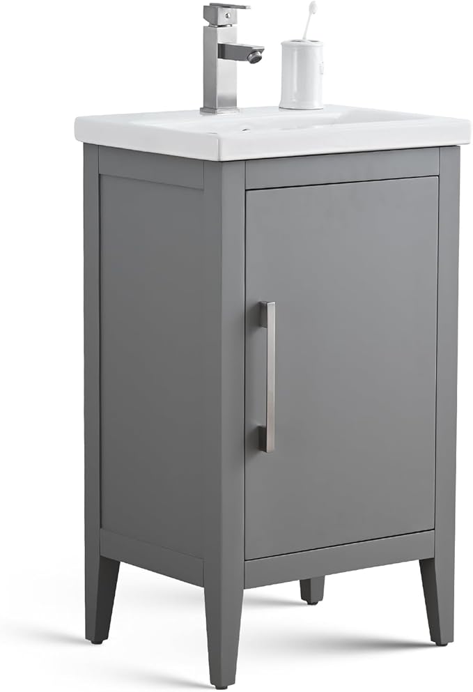 Vanity Art 20 inch Bathroom Vanity with Single Sink & Ceramic Top, Vanity Cabinet with Soft-Closing Doors, Solid Wood Frame, Cashmere Gray, VA9020-G-BN1