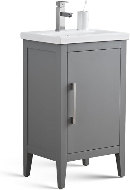 Vanity Art 20 inch Bathroom Vanity with Single Sink & Ceramic Top, Vanity Cabinet with Soft-Closing Doors, Solid Wood Frame, Cashmere Gray, VA9020-G-BN1