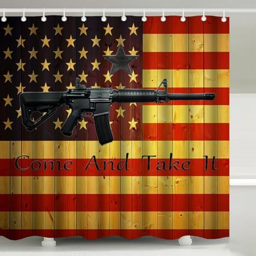 Come And Take It Rustic Wood US Flag Shower Curtain with Hooks 72 x 72 Inch