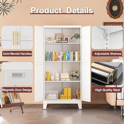 winiowa Metal Pantry Cabinet with 2 Doors and Adjustable Shelves, Kitchen Storage cabinets with Gold Handles, Versatile Storage for Laundry/Living Room,Bathroom,Dinning Room-White