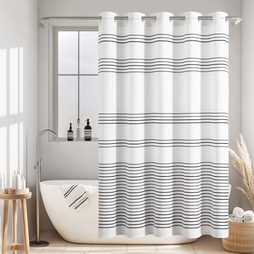 jinchan Hookless Shower Curtain Black and White Striped Waterproof Fabric Shower Curtains for Bathroom Hotel Spa Modern Elegant No Hook 70x72 Inches