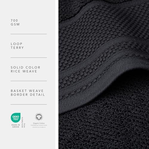 Texere 100% Organic Cotton Rice Weave Jacquard 700 GSM Luxury Bath Towel Sets - Ultra Soft and Absorbent Hotel and Spa Quality (Rice Weave, Black, 2 Bath & 2 Hand Towels)