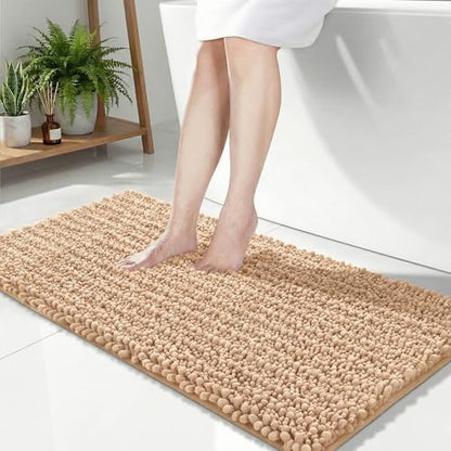Disolla Beige Bathroom Rug 24x44 Inch - Thick Chenille Bath Mat, Large Shaggy Plush Absorbent Rug, Non-Slip Machine Washable Floor Mat for Double Vanity
