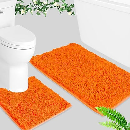 BOANKODU Bathroom Rugs Sets 2 Piece, Absorbent Bath Mat for Bathroom Soft Chenille Non-Slip, 32x20 + 20x20 Inch U Shape Bathroom Mat, Machine Washable Bath Rugs (Orange)