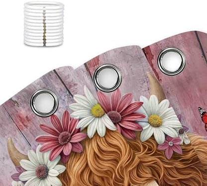 Cute Cow Shower Curtain, Farmhouse Rustic Pink Floral Daisy Highland Cow Shower Curtains for Bathroom, Calf Country Farm Animal Garden Plant Fabric Bathroom Decor with Hooks, 60x72 inch