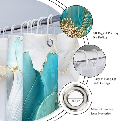 Teal Gold Marble Floral Abstract Turquoise Art Bathroom Shower Curtain Set