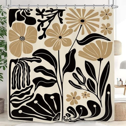 Black Tan Matisse Flower Shower Curtain 60Wx72L Inch Minimalist Abstract Vintage Botanical Blossom Modern Neutral Wildflower Art Bathroom Set Accessories Decor with 12 Pack Hooks